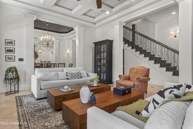 1511 18th Ave, Gulfport, MS 39501 - living area featuring a chandelier, decorative columns, ornamental molding, coffered ceiling, and stairs