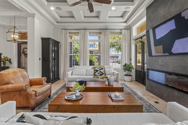 1511 18th Ave, Gulfport, MS 39501 - living room with ornamental molding, healthy amount of natural light, a chandelier, ceiling fan, and coffered ceiling