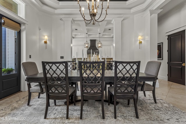 1511 18th Ave, Gulfport, MS 39501 - dining room featuring a chandelier, crown molding, light tile patterned floors, decorative columns, and coffered ceiling