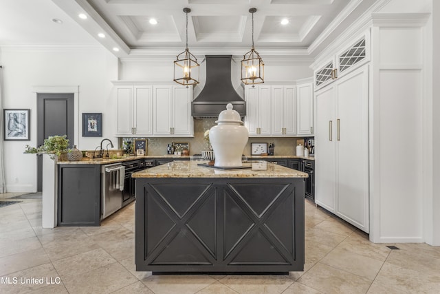 1511 18th Ave, Gulfport, MS 39501 - kitchen featuring custom exhaust hood, a peninsula, white cabinetry, dishwasher, and a high ceiling
