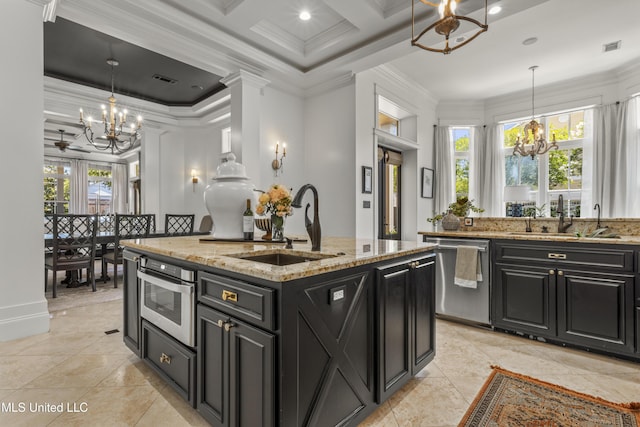 1511 18th Ave, Gulfport, MS 39501 - kitchen with a chandelier, appliances with stainless steel finishes, a sink, ornamental molding, and coffered ceiling