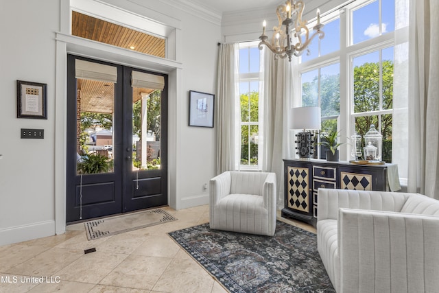 1511 18th Ave, Gulfport, MS 39501 - tiled foyer entrance featuring french doors, a chandelier, crown molding, and baseboards