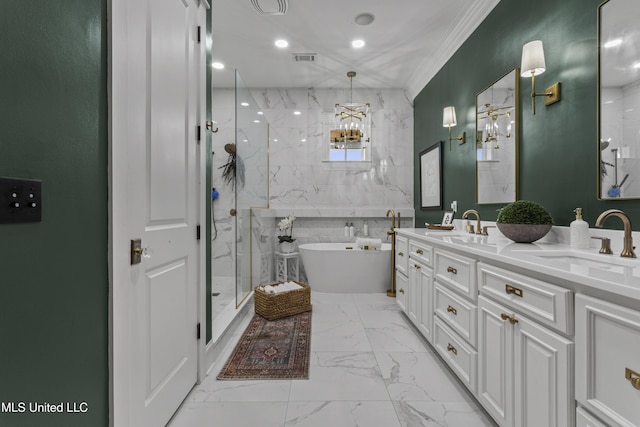 1511 18th Ave, Gulfport, MS 39501 - full bathroom featuring marble look tile flooring, double vanity, a freestanding tub, a marble finish shower, and a chandelier