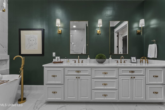1511 18th Ave, Gulfport, MS 39501 - full bath with marble look tiles, double vanity, a freestanding tub, and baseboards