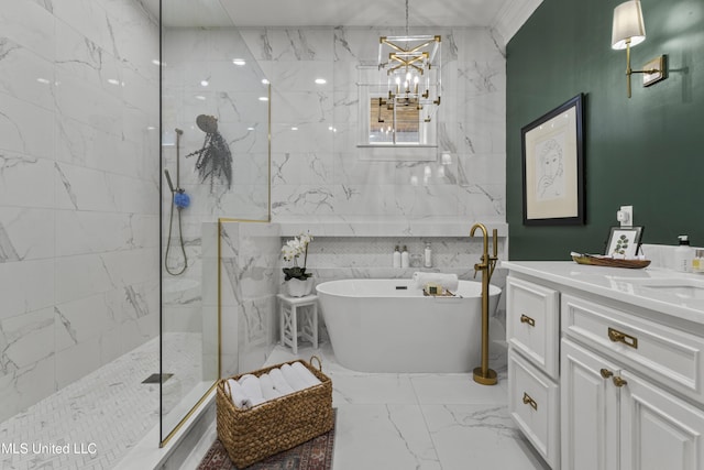 1511 18th Ave, Gulfport, MS 39501 - bathroom with marble finish flooring, a freestanding bath, a marble finish shower, vanity, and a chandelier