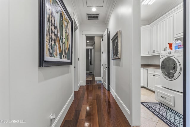 1511 18th Ave, Gulfport, MS 39501 - hallway with washer / clothes dryer, attic access, ornamental molding, baseboards, and wood finished floors