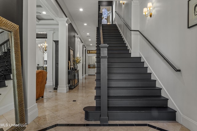 1511 18th Ave, Gulfport, MS 39501 - staircase featuring inlaid floor details, recessed lighting, a chandelier, ornate columns, and baseboards