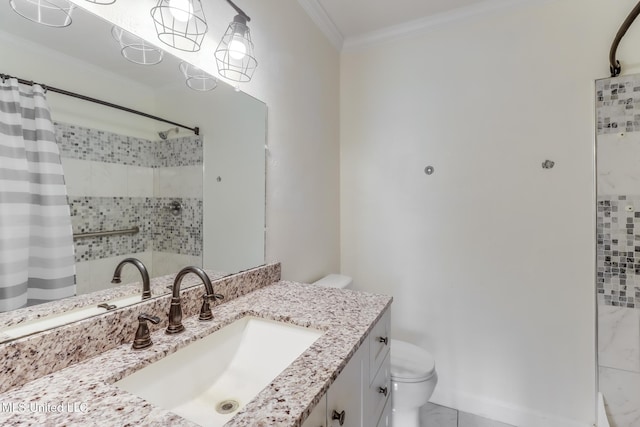 115 Shady Dr, Long Beach, MS 39560 - bathroom featuring vanity, crown molding, a shower with curtain, and marble look tiles