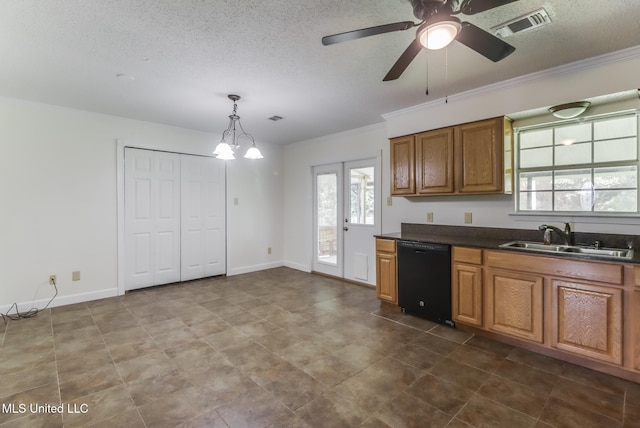 115 Shady Dr, Long Beach, MS 39560 - kitchen with dishwasher, brown cabinetry, ornamental molding, dark countertops, and a textured ceiling