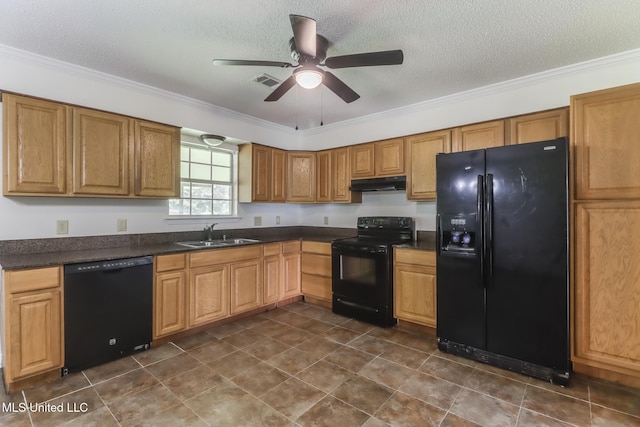 115 Shady Dr, Long Beach, MS 39560 - kitchen featuring black appliances, under cabinet range hood, dark countertops, ornamental molding, and ceiling fan