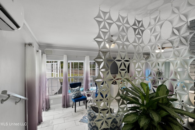 interior space featuring an AC wall unit and crown molding