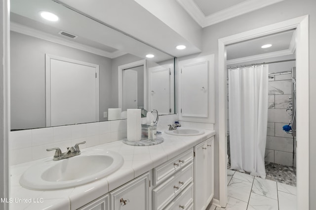 bathroom featuring vanity, ornamental molding, and a shower with shower curtain