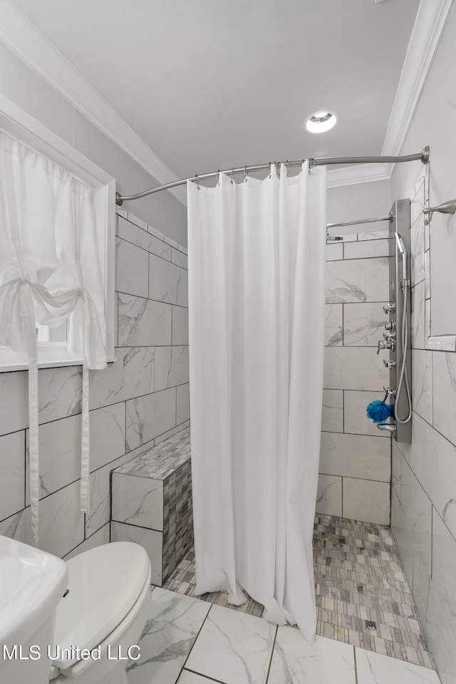 bathroom with toilet, walk in shower, and ornamental molding