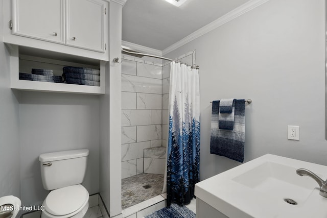 bathroom with toilet, ornamental molding, vanity, a shower with curtain, and tile patterned flooring