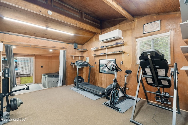 exercise room featuring lofted ceiling, wooden walls, a wall unit AC, and wood ceiling