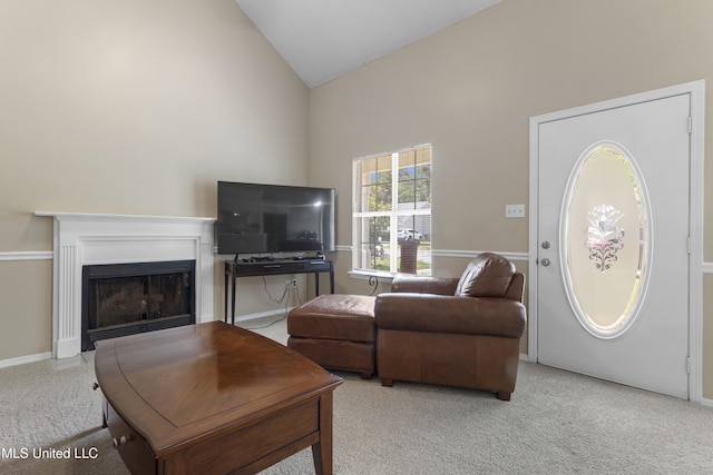 2383 Trafalgar Dr, Biloxi, MS 39531 - living room featuring carpet, high vaulted ceiling, and a fireplace