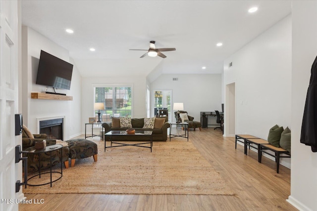 4275 Bienville Rd, Nesbit, MS 38651 - living area featuring ceiling fan, wood finished floors, a fireplace, recessed lighting, and baseboards