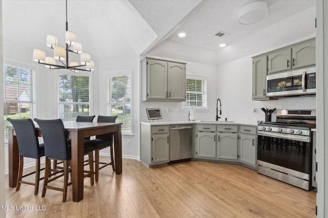 4275 Bienville Rd, Nesbit, MS 38651 - kitchen featuring appliances with stainless steel finishes, a sink, light wood-style floors, lofted ceiling, and light countertops