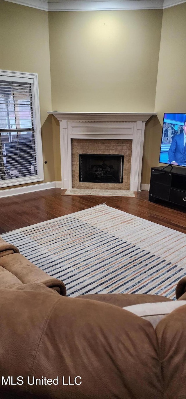 unfurnished living room with wood finished floors, baseboards, and a premium fireplace