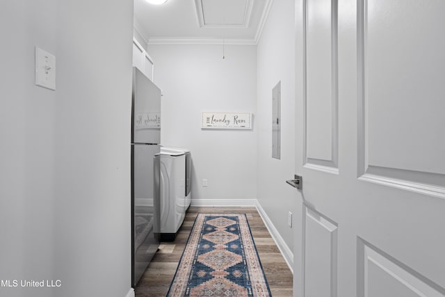 14 Sherman Ave, Pass Christian, MS 39571 - clothes washing area with laundry area, attic access, dark wood-style flooring, crown molding, and separate washer and dryer