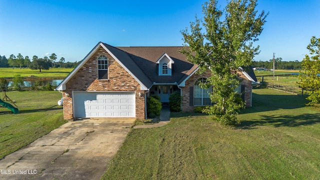 view of front of property with a front yard, a garage, and a water view