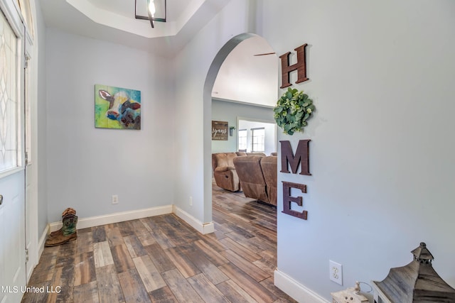 entryway featuring hardwood / wood-style floors and a tray ceiling