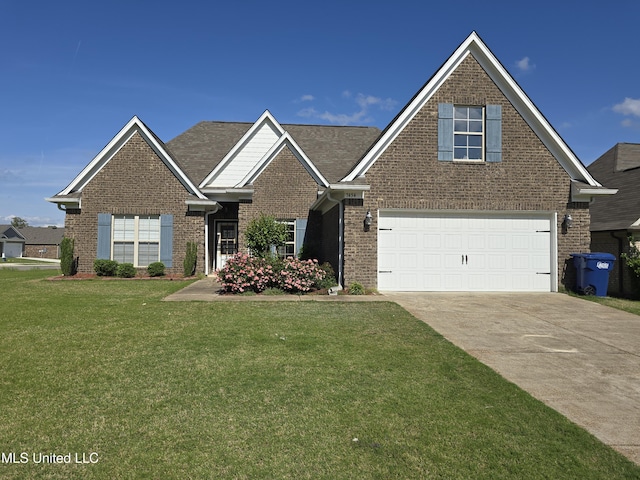 view of front of home featuring brick siding, a front lawn, an attached garage, and concrete driveway