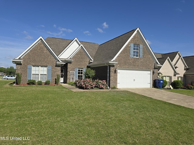 view of front of home featuring roof with shingles, a front lawn, brick siding, a garage, and concrete driveway