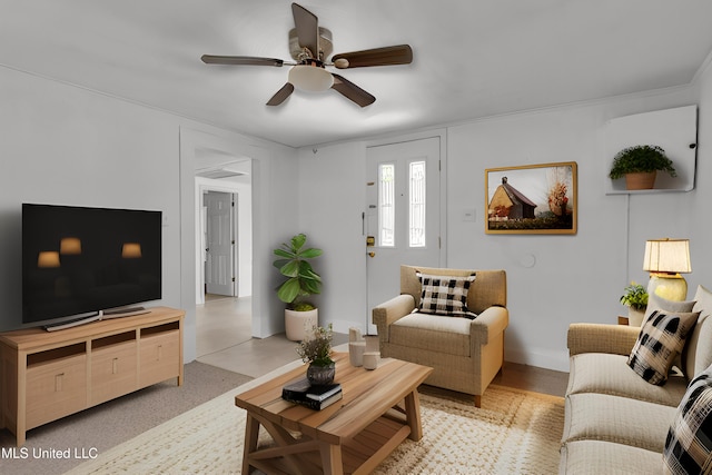 living room featuring ceiling fan