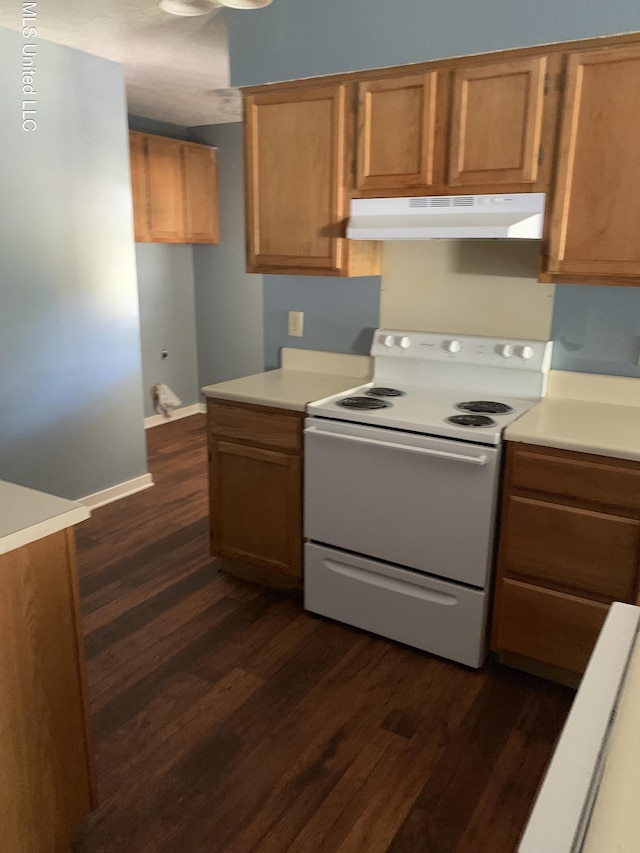 4263 Cypress Dr, Jackson, MS 39212 - kitchen with electric range, under cabinet range hood, dark wood-style flooring, light countertops, and brown cabinets