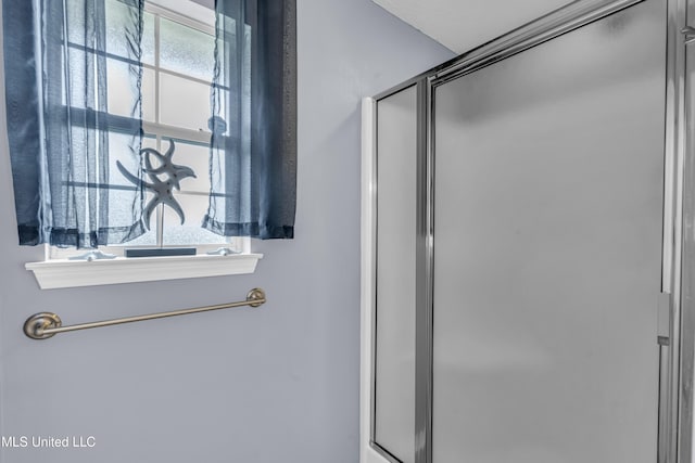 bathroom featuring a shower with door