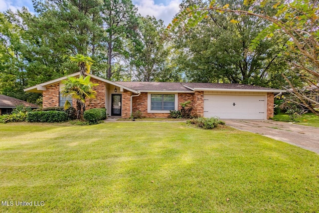 ranch-style home with a front lawn and a garage