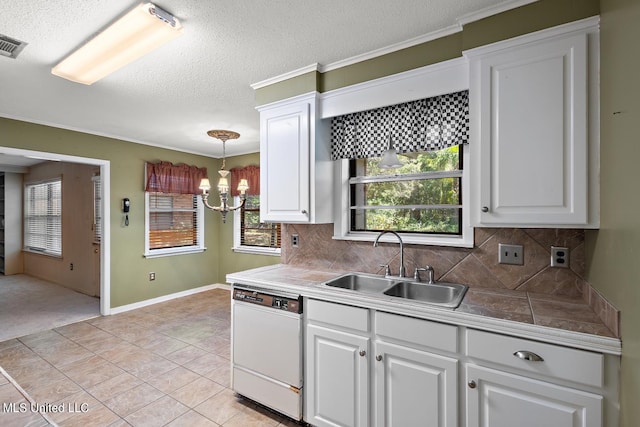 kitchen featuring white cabinetry, dishwasher, sink, and hanging light fixtures