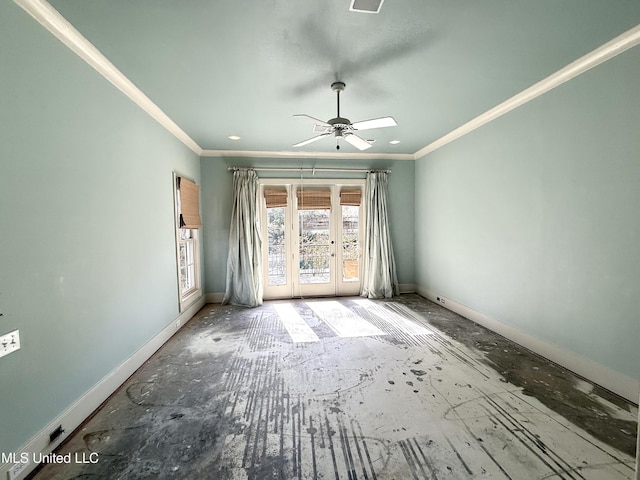 empty room with a ceiling fan, baseboards, french doors, and ornamental molding