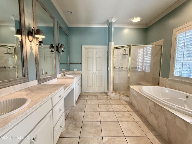 full bath featuring crown molding, double vanity, a sink, a shower stall, and a bath