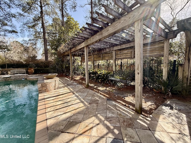 view of patio / terrace with fence, an outdoor pool, and a pergola