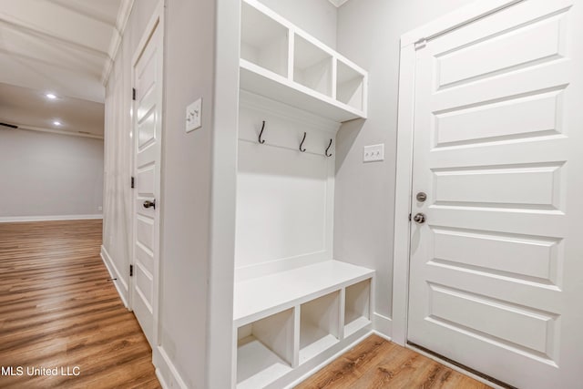 mudroom with hardwood / wood-style floors