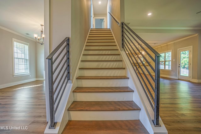 staircase featuring ornamental molding, a chandelier, plenty of natural light, and hardwood / wood-style floors