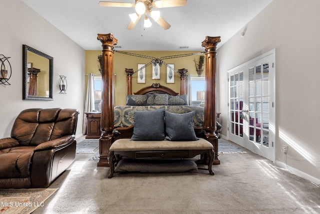 bedroom with access to outside and ceiling fan