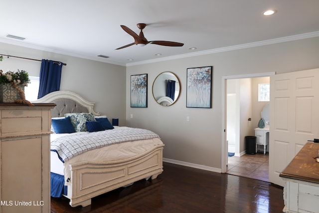 bedroom with ceiling fan, crown molding, and dark wood-type flooring