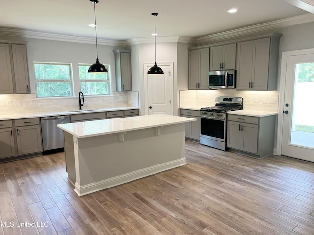 kitchen featuring appliances with stainless steel finishes, gray cabinetry, and a sink