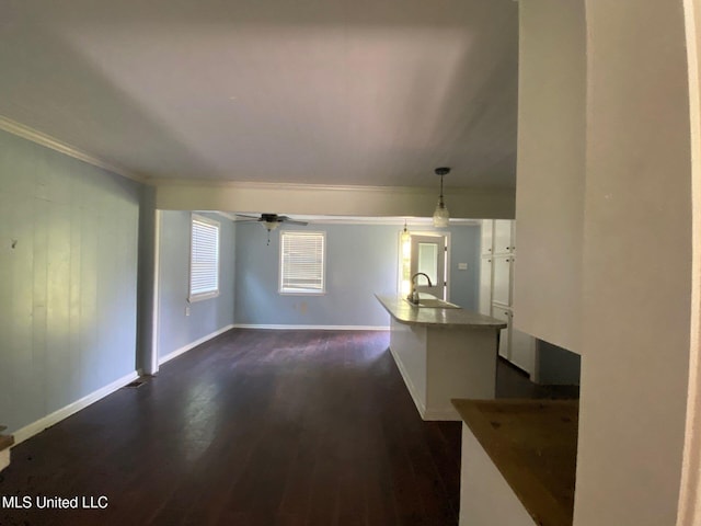 410 N Brooks St, Pelahatchie, MS 39145 - unfurnished living room featuring dark wood finished floors, crown molding, and a ceiling fan