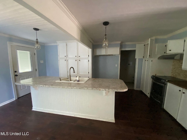 410 N Brooks St, Pelahatchie, MS 39145 - kitchen featuring under cabinet range hood, black electric range, ornamental molding, white cabinetry, and dark wood-style flooring