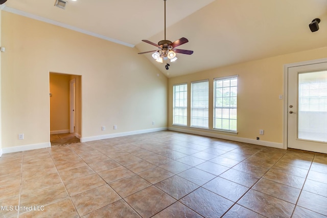 empty room featuring light tile patterned floors, visible vents, ceiling fan, lofted ceiling, and ornamental molding