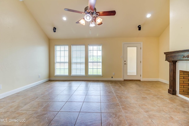 unfurnished living room featuring light tile patterned floors, a ceiling fan, baseboards, lofted ceiling, and recessed lighting