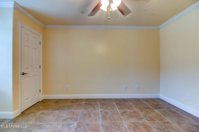 tiled spare room featuring ceiling fan, crown molding, and baseboards