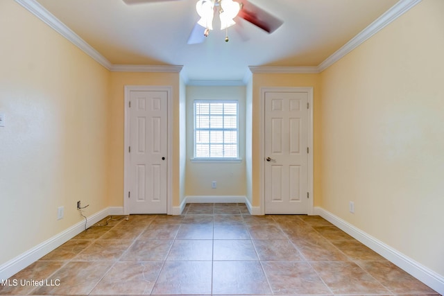 unfurnished room with crown molding, baseboards, and ceiling fan