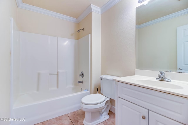 full bathroom featuring toilet, ornamental molding, tile patterned floors, and vanity