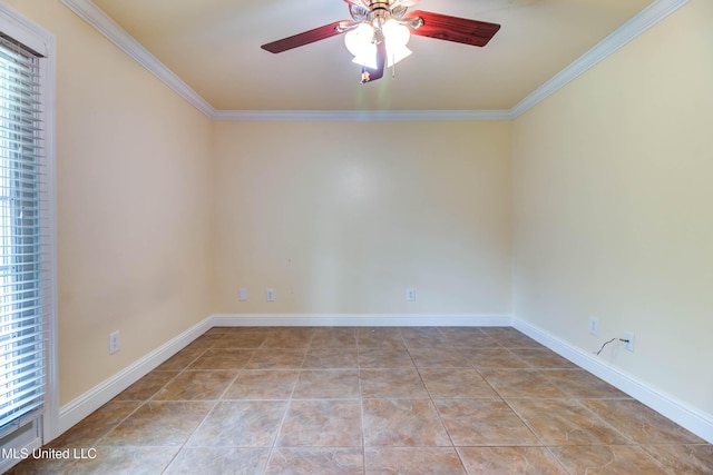 unfurnished room featuring ceiling fan, crown molding, baseboards, and light tile patterned floors