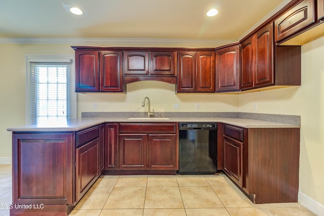 kitchen with a peninsula, dark brown cabinets, a sink, dishwasher, and ornamental molding